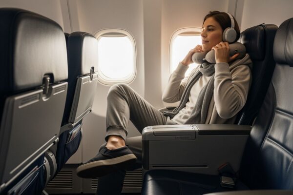 Mladý cestovatel sedí v letadle u okna s pohodlným oblečením a sluchátky, připravený na let.