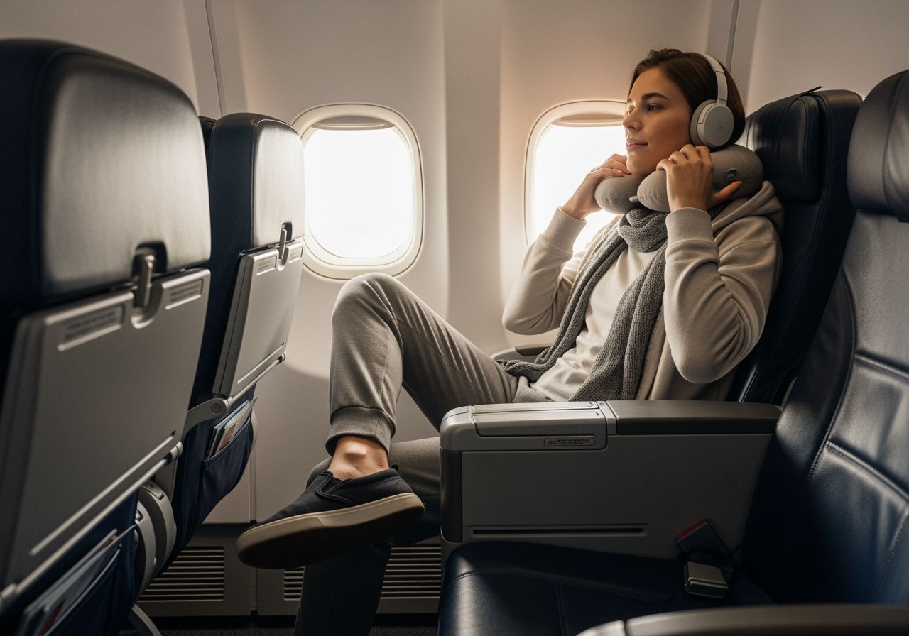 Mladý cestovatel sedí v letadle u okna s pohodlným oblečením a sluchátky, připravený na let.