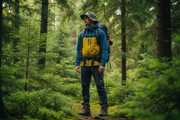 Osoba v outdoorovém oblečení stojí v hustém lese s batohem a kloboukem za denního světla.