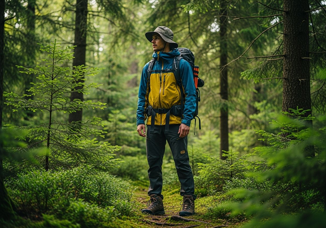Osoba v outdoorovém oblečení stojí v hustém lese s batohem a kloboukem za denního světla.