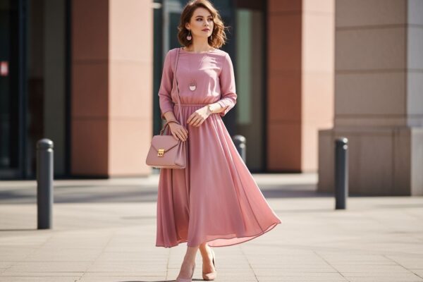 Mladá žena v růžových šatech s kabelkou a podpatky na rozmazaném městském pozadí.