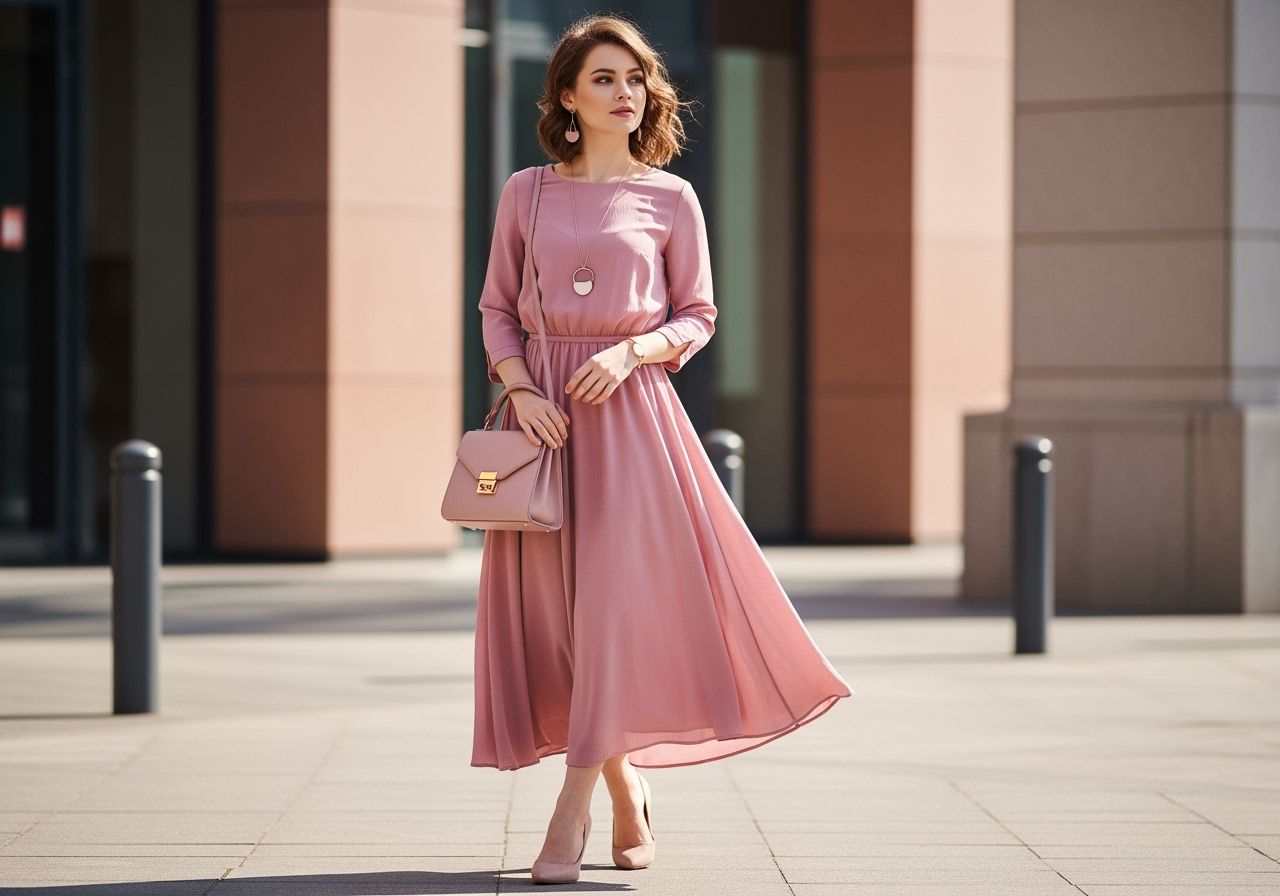 Mladá žena v růžových šatech s kabelkou a podpatky na rozmazaném městském pozadí.