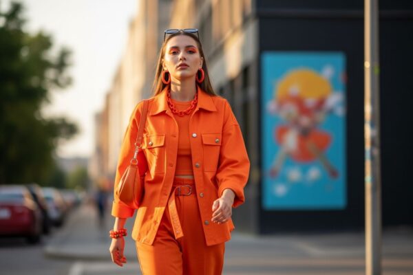 Mladá žena v oranžovém oblečení kráčí po městské ulici za zlaté hodiny s městským pozadím.