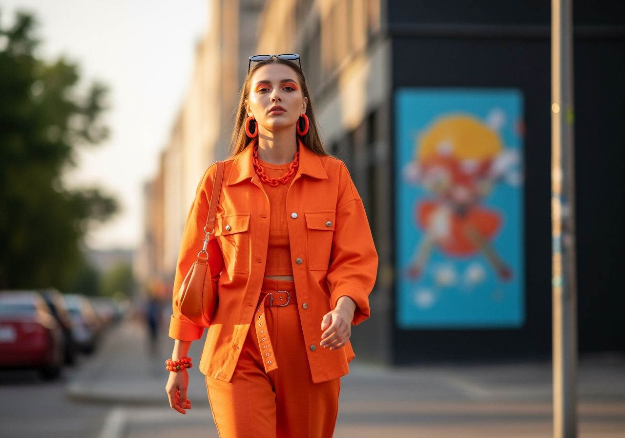 Mladá žena v oranžovém oblečení kráčí po městské ulici za zlaté hodiny s městským pozadím.