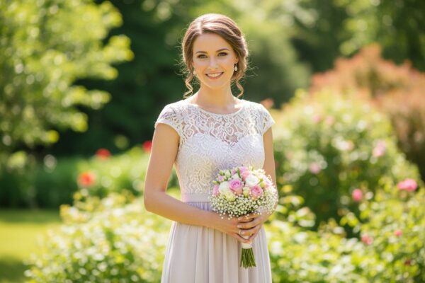 Družička ve světlých šatech drží kytici v zahradě během svatby ve slunečném dni