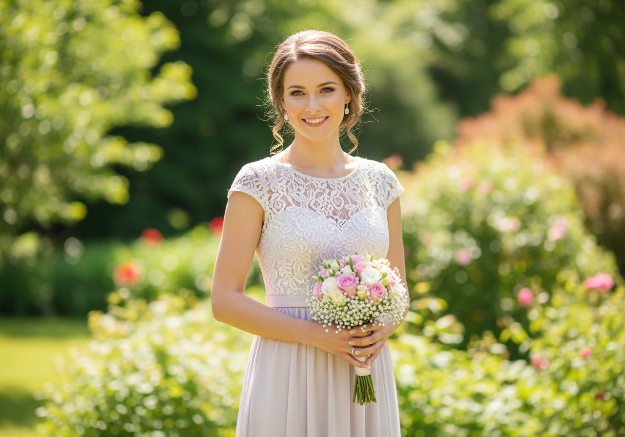 Družička ve světlých šatech drží kytici v zahradě během svatby ve slunečném dni