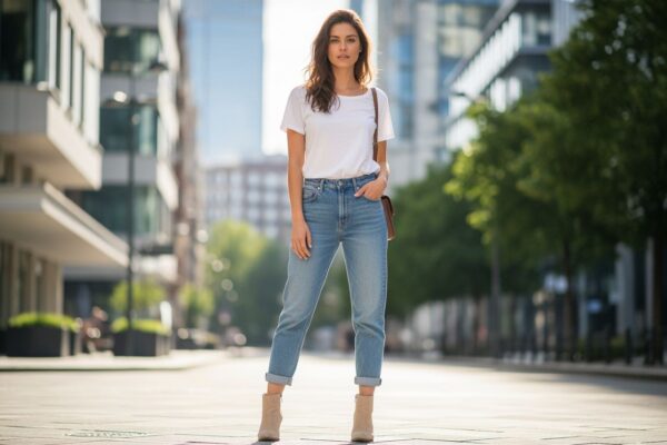 Mladá žena v modrých džínách, bílém tričku a béžových botách stojí na městské ulici.