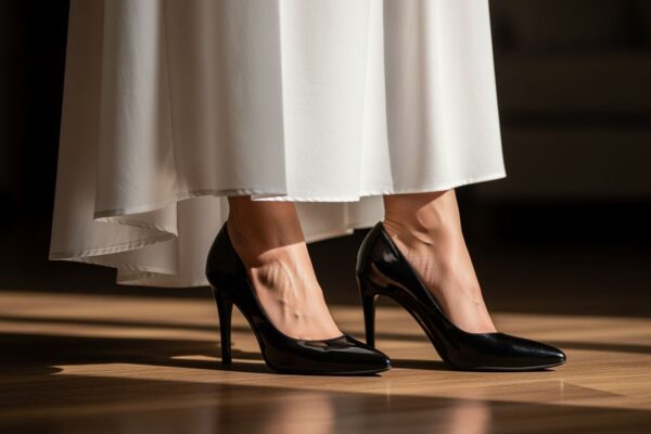 Žena ve světlých šatech a lesklých černých lodičkách stojí na dřevěné podlaze v interiéru