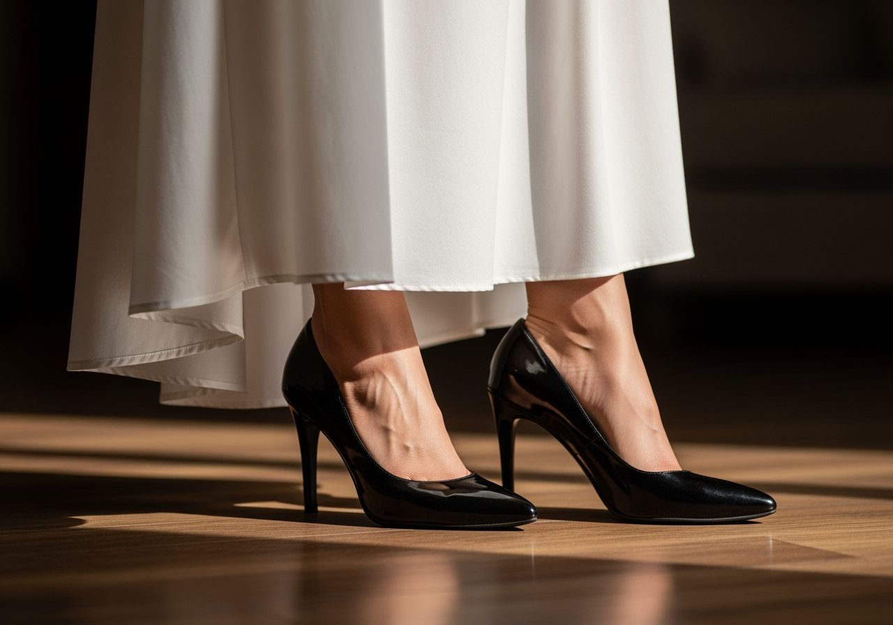 Žena ve světlých šatech a lesklých černých lodičkách stojí na dřevěné podlaze v interiéru