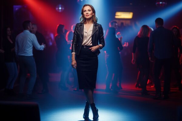 Žena ve 40 letech v kožené bundě a džínech stojí v klubu s barevným osvětlením a rozmazaným davem.