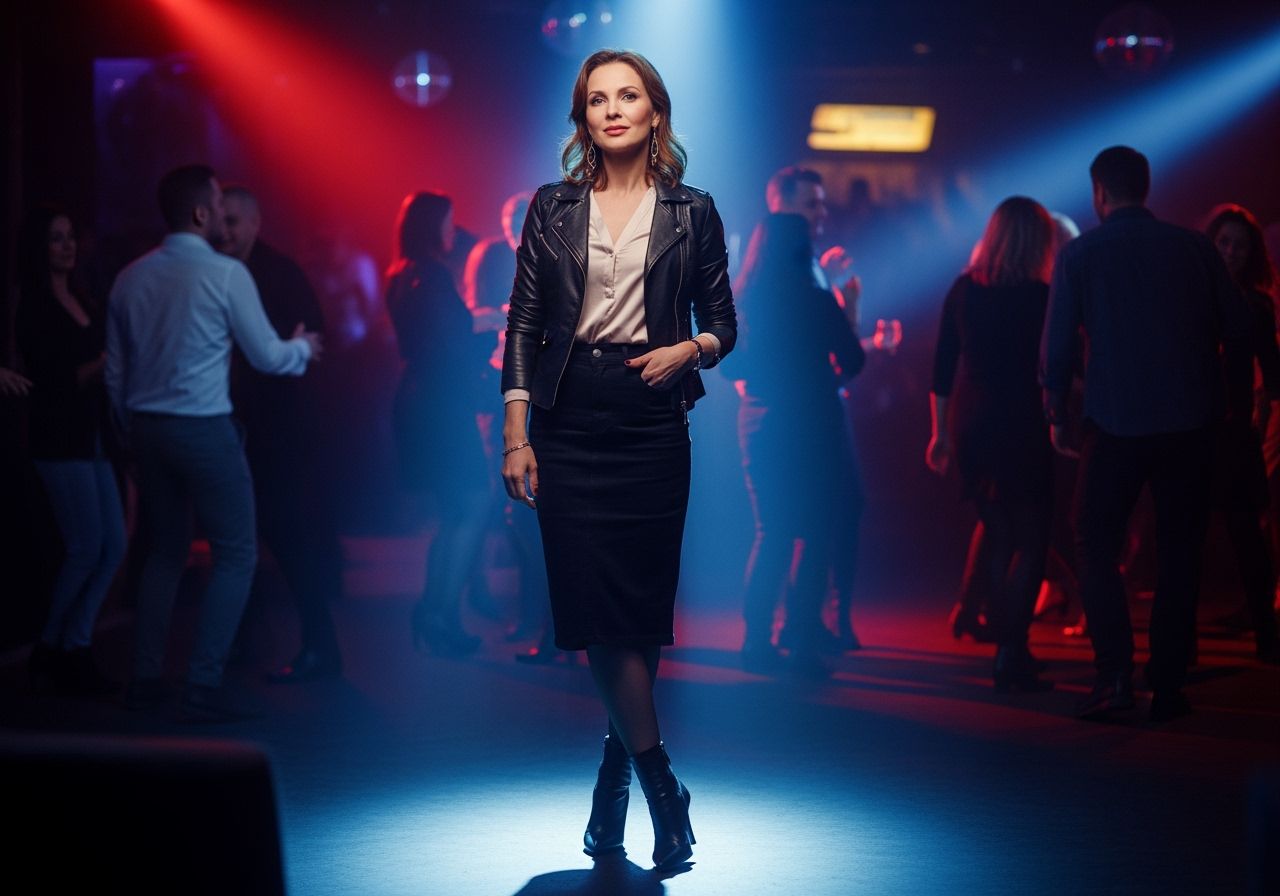 Žena ve 40 letech v kožené bundě a džínech stojí v klubu s barevným osvětlením a rozmazaným davem.