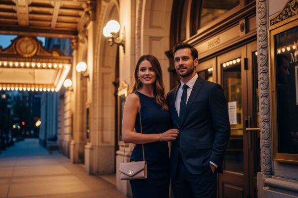 Mladý pár před historickým divadlem připravený na večer muzikálu za soumraku