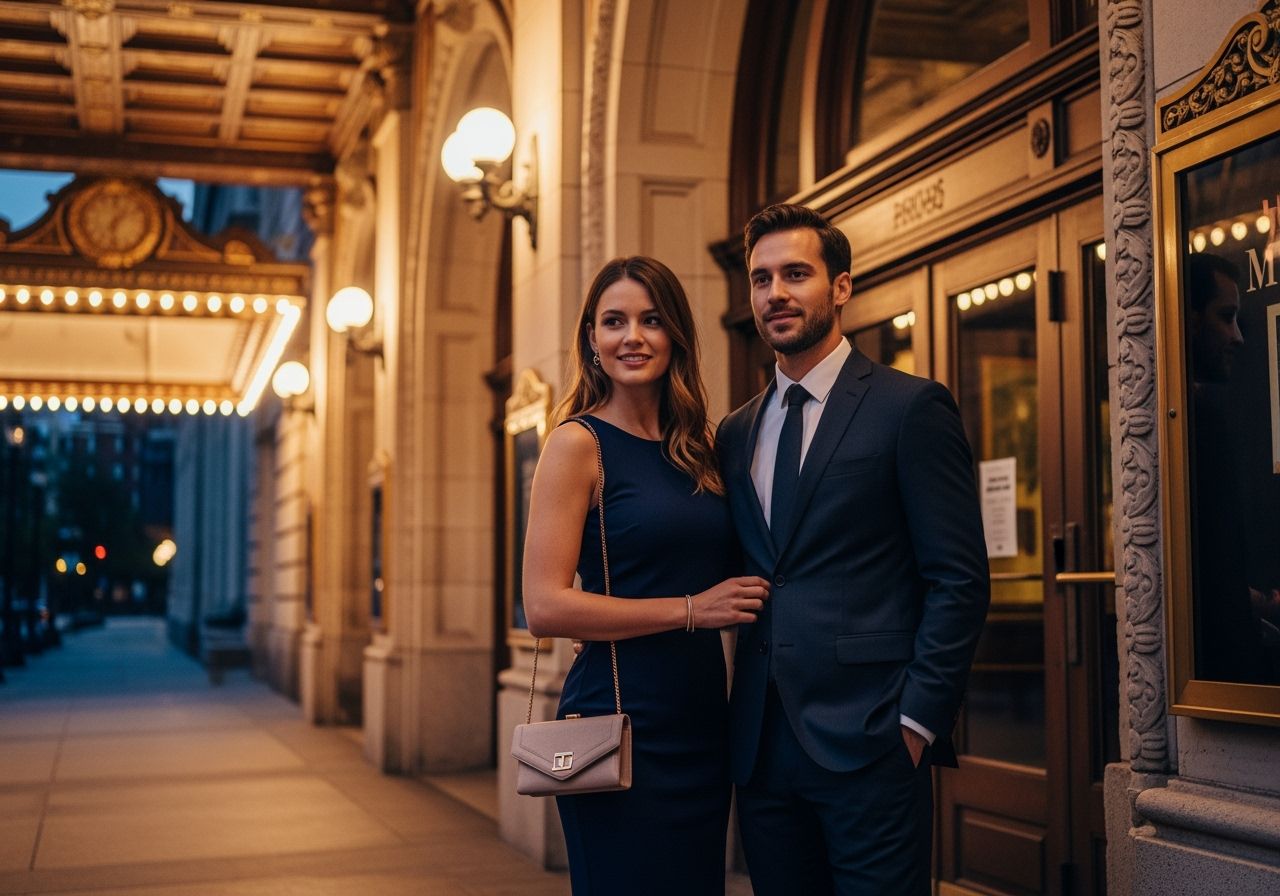 Mladý pár před historickým divadlem připravený na večer muzikálu za soumraku