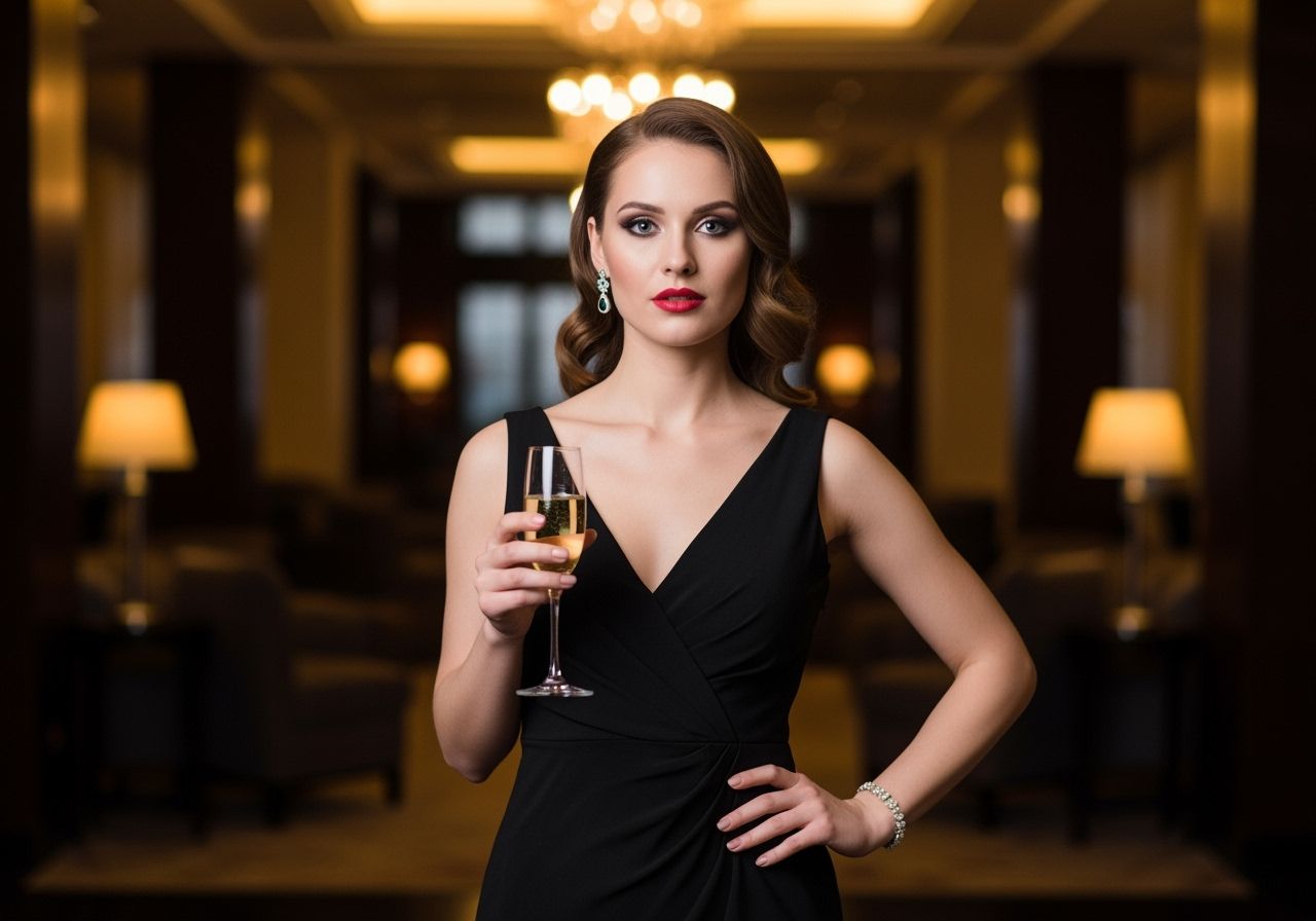 Elegantní žena ve večerních šatech s šampaňským stojí v luxusním hotelovém lobby.