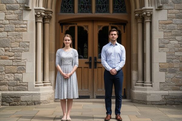 Mladý pár stojí před vchodem do kostela v slušném oblečení, historická kamenná fasáda v pozadí