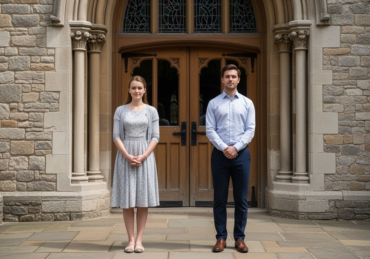 Mladý pár stojí před vchodem do kostela v slušném oblečení, historická kamenná fasáda v pozadí