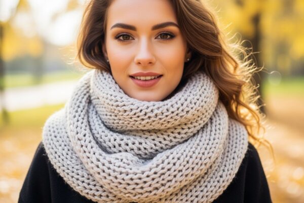 Mladá žena s pleteným nákrčníkem venku na podzimní den, zlaté listí v pozadí.