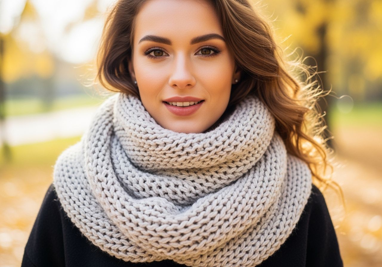 Mladá žena s pleteným nákrčníkem venku na podzimní den, zlaté listí v pozadí.