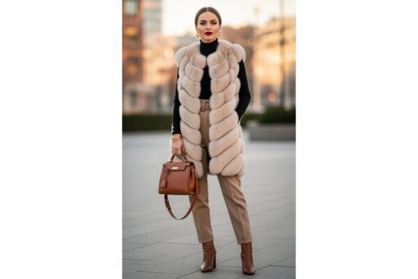 Stylová žena v městském prostředí během zlaté hodiny v béžové kožešinové vestě a černém roláku