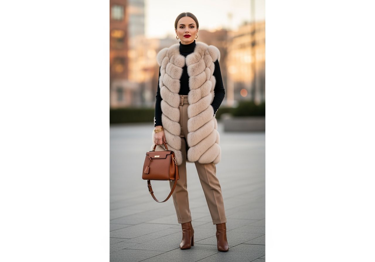 Stylová žena v městském prostředí během zlaté hodiny v béžové kožešinové vestě a černém roláku