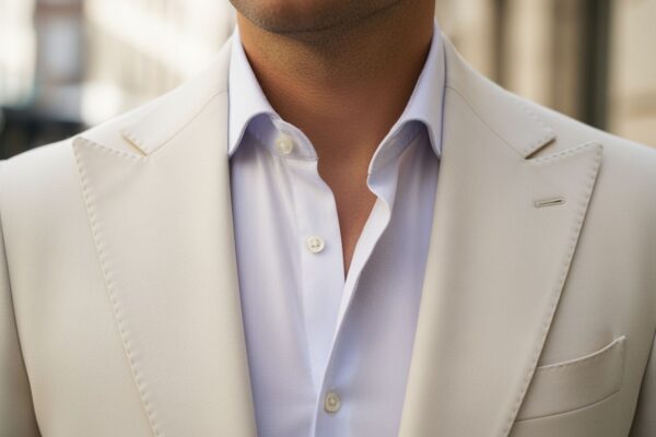 Muž v krémovém saku a košili v kontrastní barvě, portrét od pasu s rozostřeným pozadím