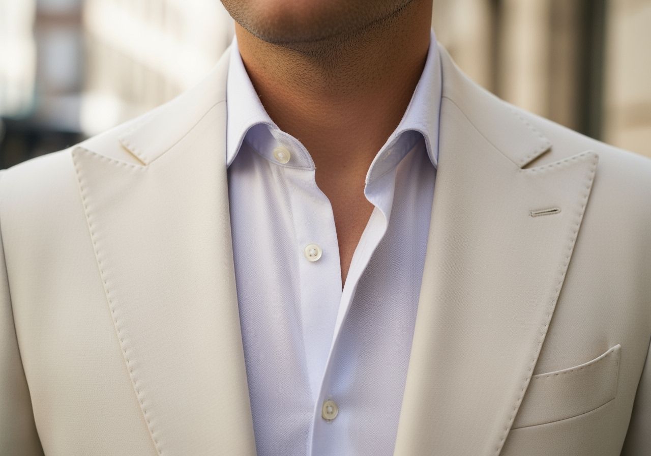 Muž v krémovém saku a košili v kontrastní barvě, portrét od pasu s rozostřeným pozadím