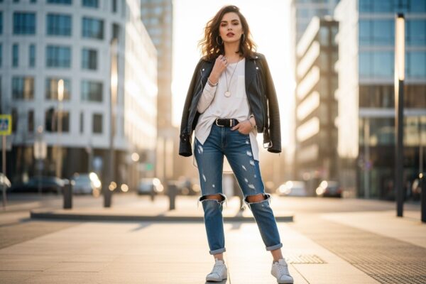 Mladá žena v džínách a kožené bundě stojí na slunečné městské ulici s minimalistickými šperky.