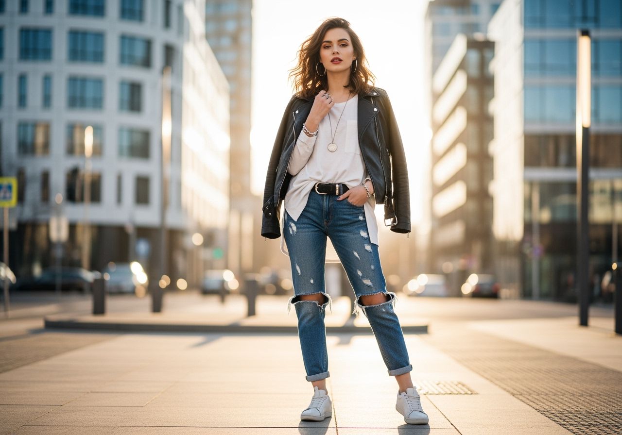Mladá žena v džínách a kožené bundě stojí na slunečné městské ulici s minimalistickými šperky.
