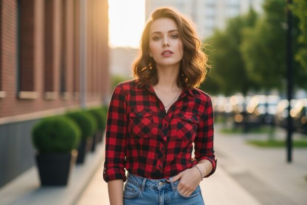 Mladá žena v kárované košili a džínách stojí ve městě za zlaté hodiny.