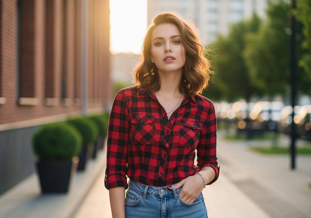 Mladá žena v kárované košili a džínách stojí ve městě za zlaté hodiny.