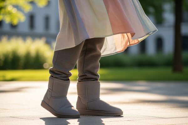 Žena v pohodlných botách z mikiny a lehkých šatech stojí v městském parku za slunečného dne.