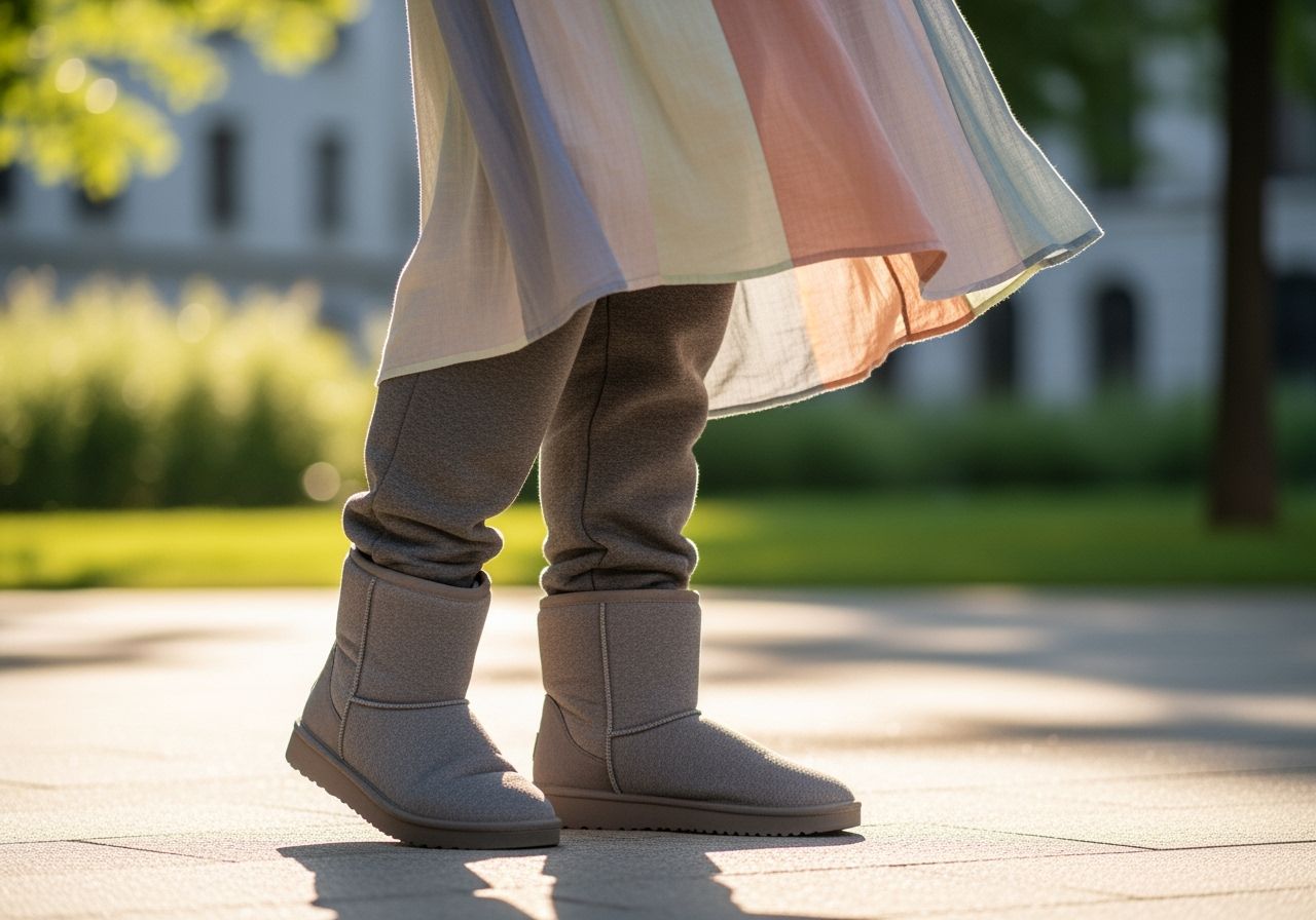 Žena v pohodlných botách z mikiny a lehkých šatech stojí v městském parku za slunečného dne.