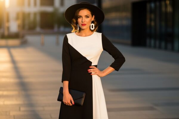 Stylová žena v černobílých šatech s kloboukem a náušnicemi stojí ve městě za zlaté hodiny.