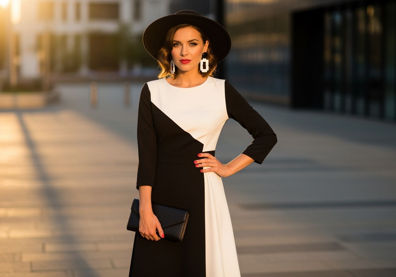 Stylová žena v černobílých šatech s kloboukem a náušnicemi stojí ve městě za zlaté hodiny.