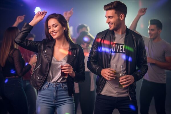 Mladí lidé v klubu v moderním oblečení, světla a tanec v pozadí, drží nápoje a usmívají se.