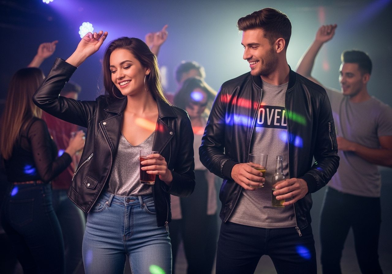 Mladí lidé v klubu v moderním oblečení, světla a tanec v pozadí, drží nápoje a usmívají se.