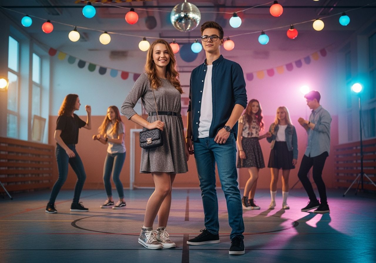 Dva teenageři na školním disco ve světlé tělocvičně, tančící a bavící se mezi kamarády.