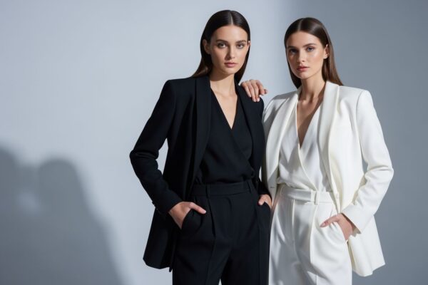 Dva modely v černém a bílém oblečení na šedém pozadí ve 43 formátu s přirozeným osvětlením