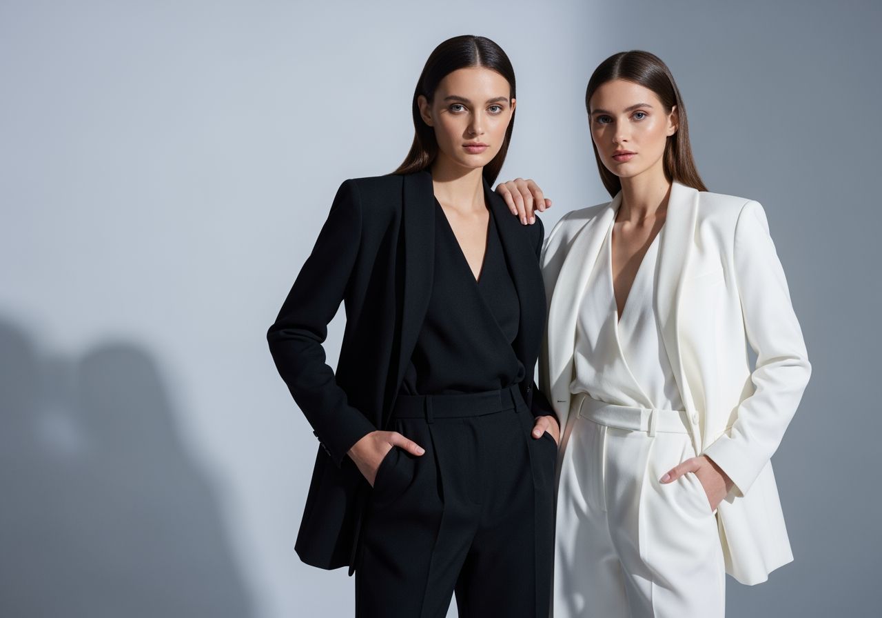 Dva modely v černém a bílém oblečení na šedém pozadí ve 43 formátu s přirozeným osvětlením