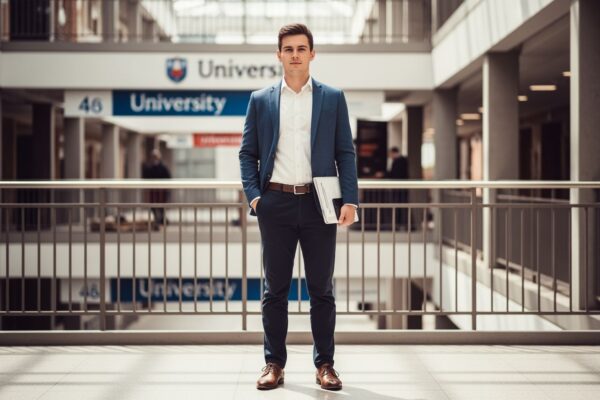 Mladý muž v business casual drží laptop a dokumenty v univerzitní chodbě před obhajobou práce