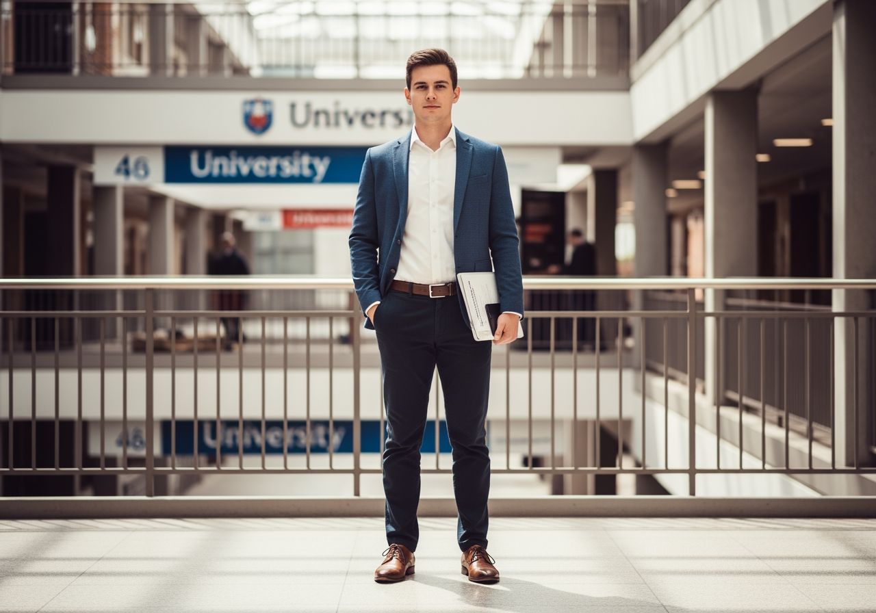 Mladý muž v business casual drží laptop a dokumenty v univerzitní chodbě před obhajobou práce