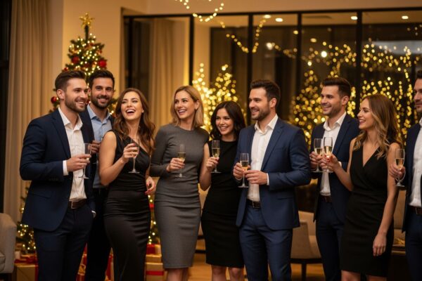 Skupina kolegů na vánoční firemní oslavě v moderní kanceláři se sklenkami šampaňského