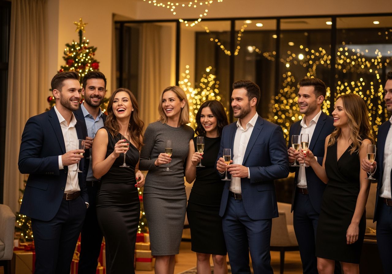 Skupina kolegů na vánoční firemní oslavě v moderní kanceláři se sklenkami šampaňského