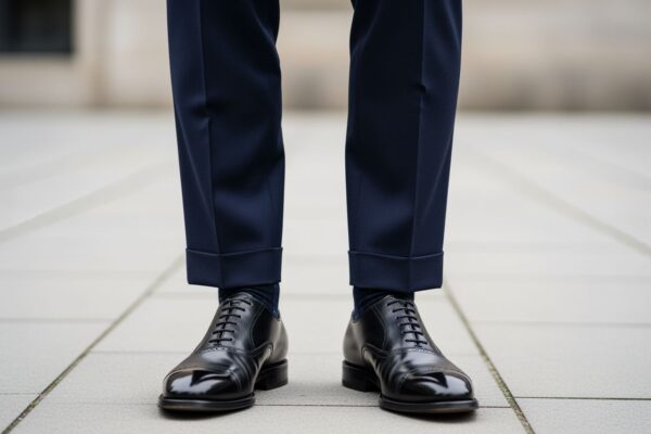 Muž v tmavě modrých kalhotách a černých kožených botách na rozmazaném městském pozadí