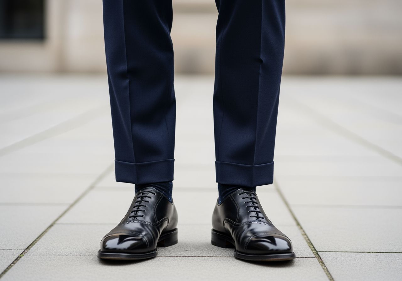 Muž v tmavě modrých kalhotách a černých kožených botách na rozmazaném městském pozadí