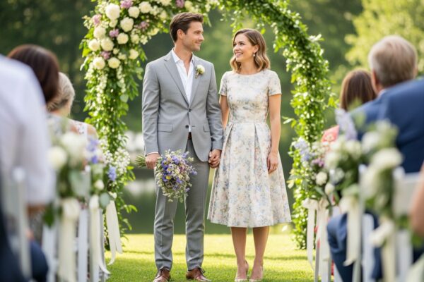 Muž a žena na venkovní civilní svatbě před obloukem zdobeným zelení a bílými květy