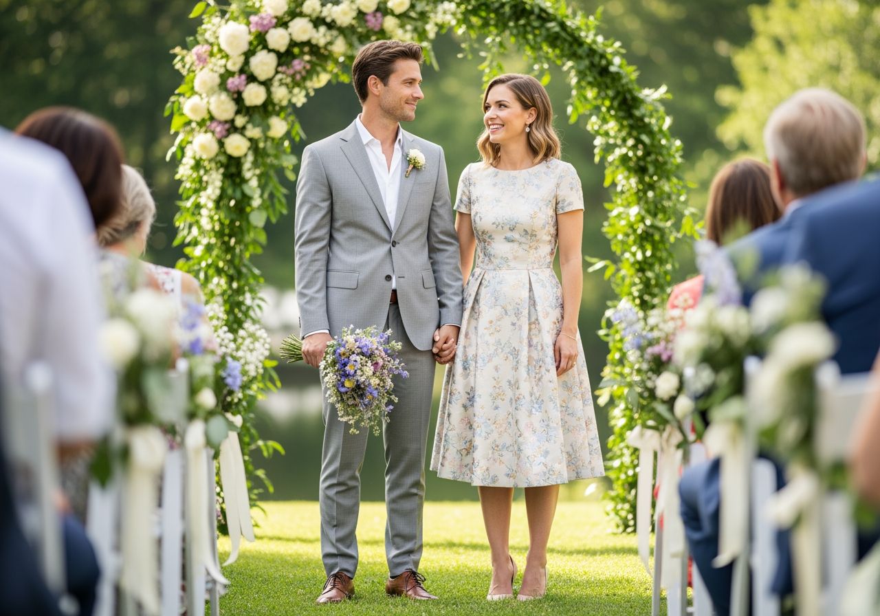 Muž a žena na venkovní civilní svatbě před obloukem zdobeným zelení a bílými květy