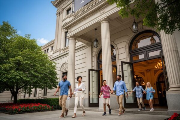 Rodina vstupuje do historického divadla s vstupenkami za slunného dne pod modrou oblohou.