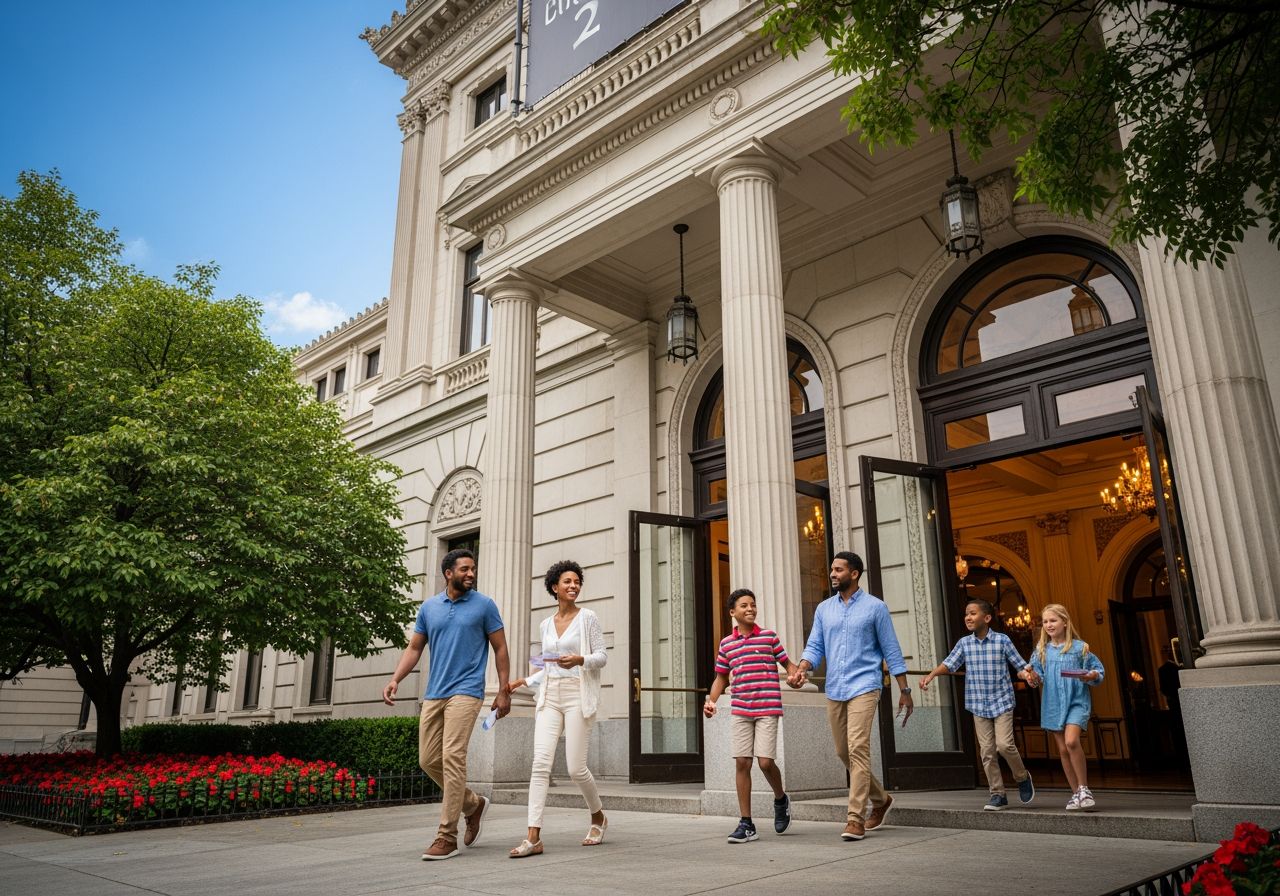 Rodina vstupuje do historického divadla s vstupenkami za slunného dne pod modrou oblohou.