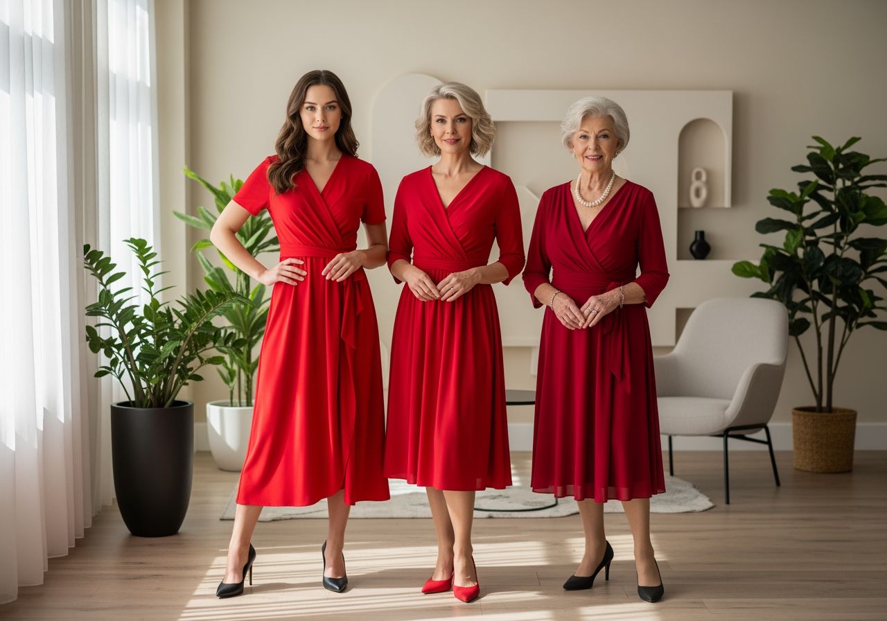 Tři ženy různých věků v červených šatech stojí v elegantním interiéru s přirozeným světlem.
